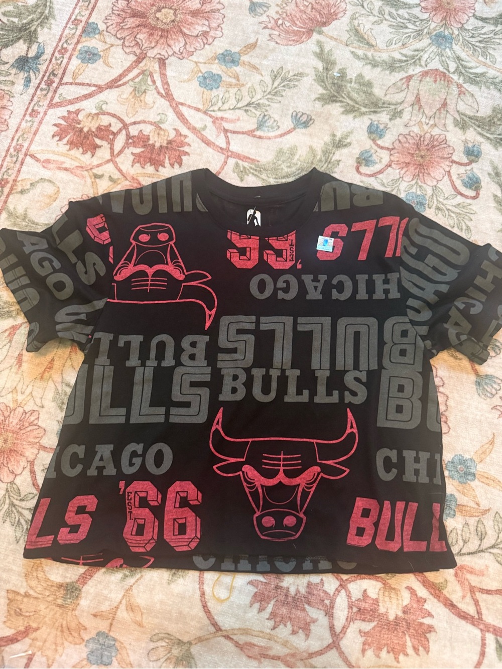NBA Chicago Bulls Black Crop Top with Red & Gray Graphics